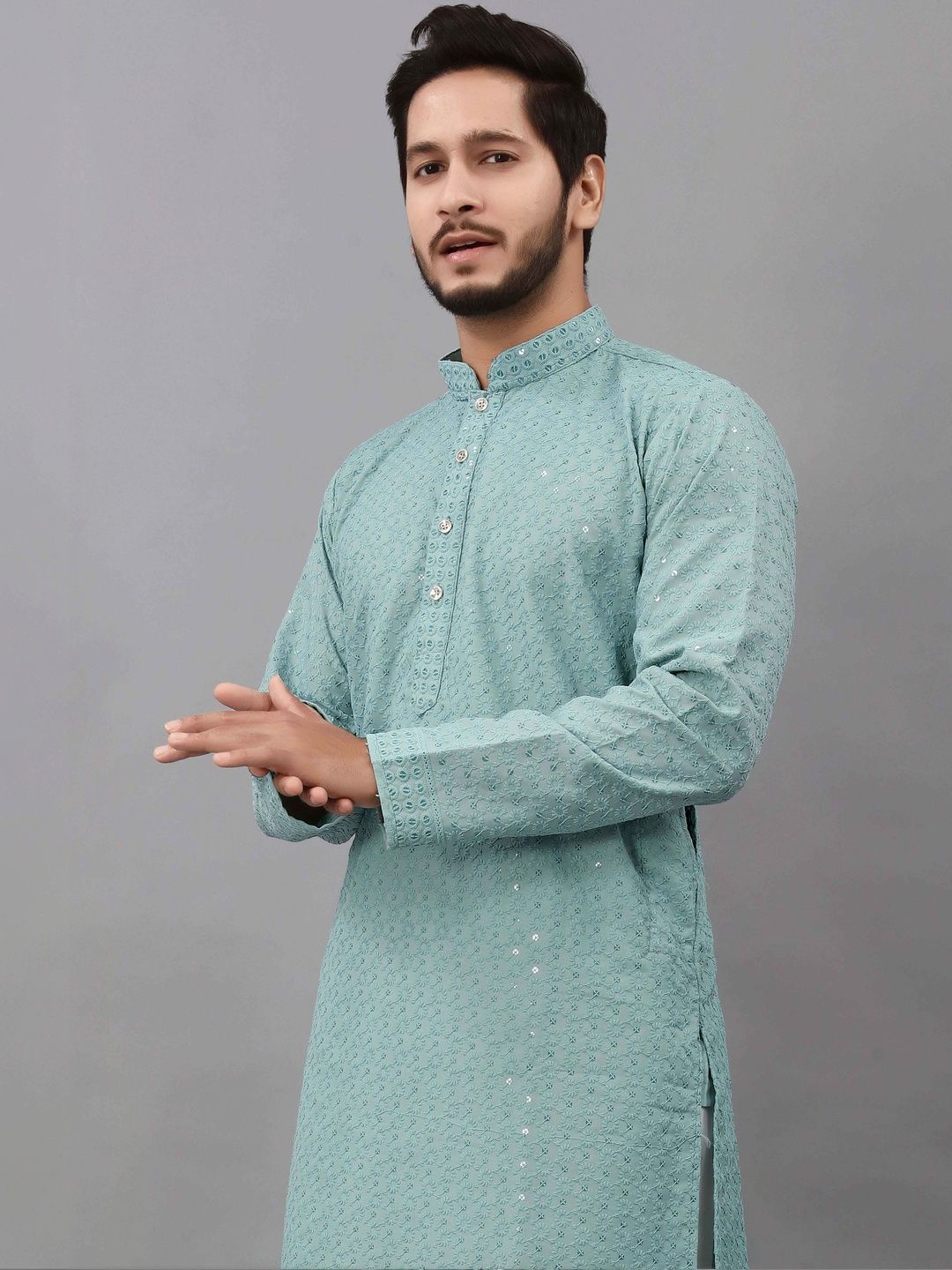 ALMORA Men Geometric Embroidered Thread Work Handloom Anarkali Kurta