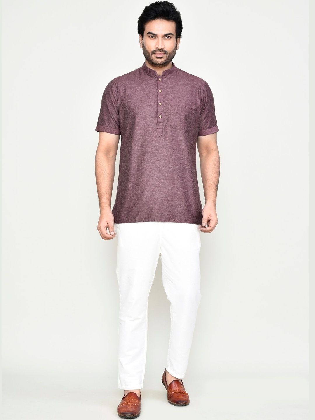 HERE&NOW Men's Cotton Short Solid Pattern Kurta