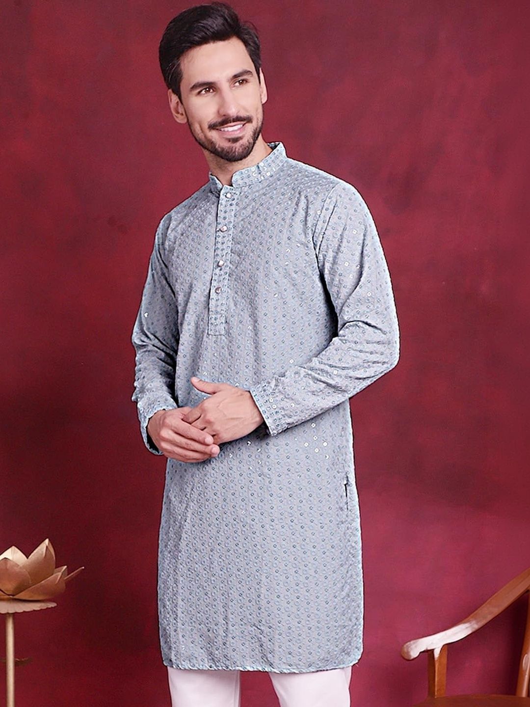 ALMORA Men Embroidered Flared Sleeves Patchwork Handloom Kurta