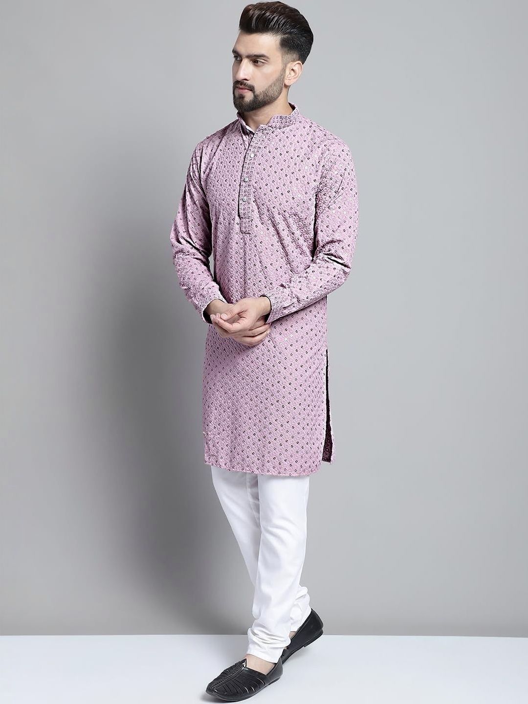 ALMORA Men Geometric Embroidered Mirror Work Handloom Pathani Kurta