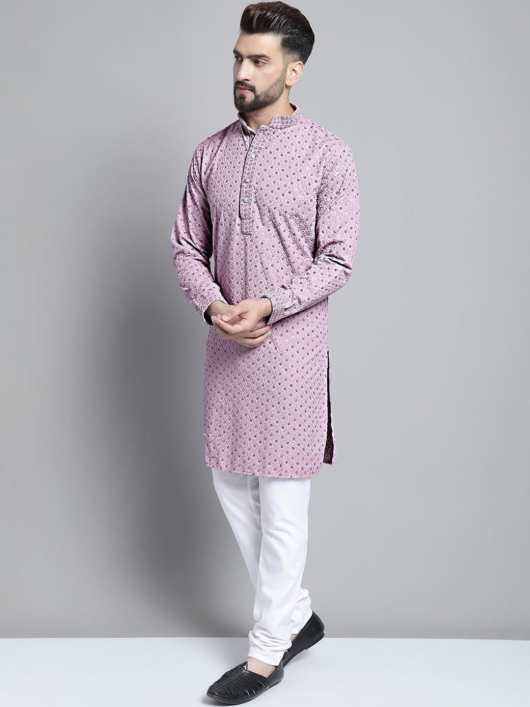 ALMORA Men Geometric Embroidered Mirror Work Handloom Pathani Kurta