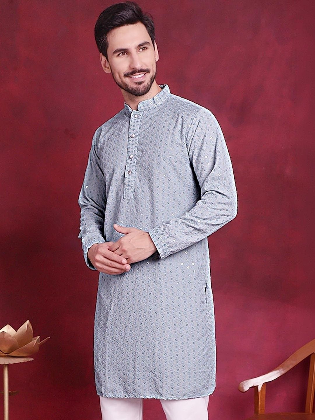 ALMORA Men Embroidered Flared Sleeves Patchwork Handloom Pathani Kurta