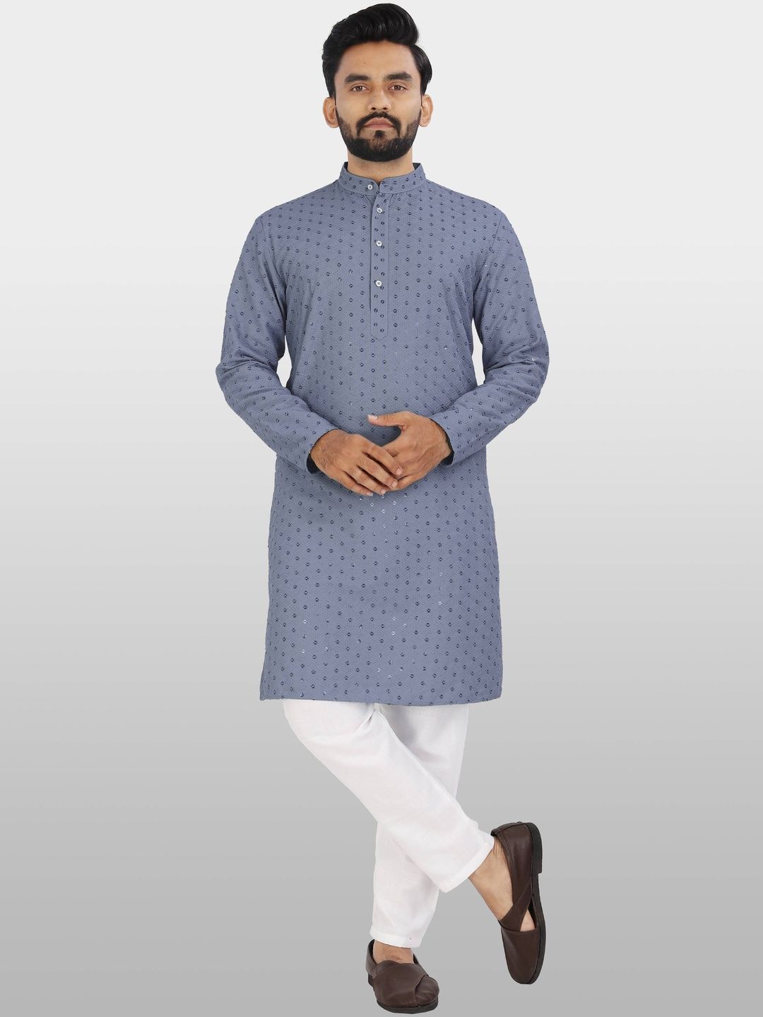 ALMORA Men Geometric Embellished Thread Work Handloom Kurta