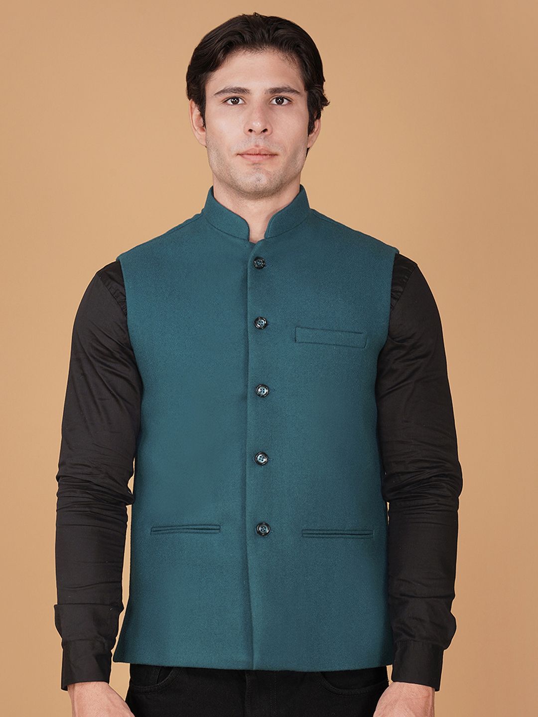 Vastraa Fusion Men Mandarin Collar Woven Traditional Woolen Nehru Jacket