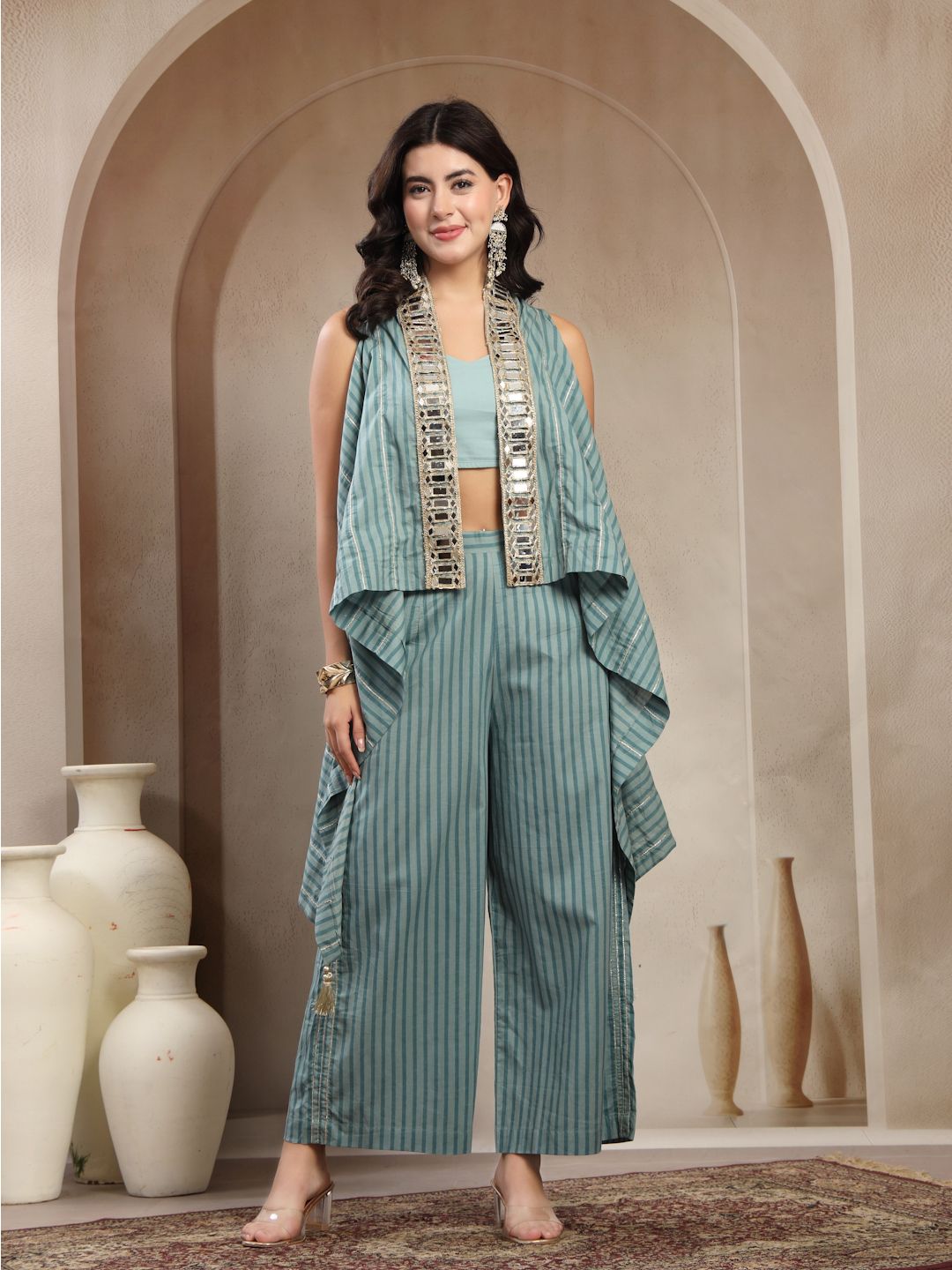 KALINI V-Neck Top & Palazzos with Shrug Co-Ord