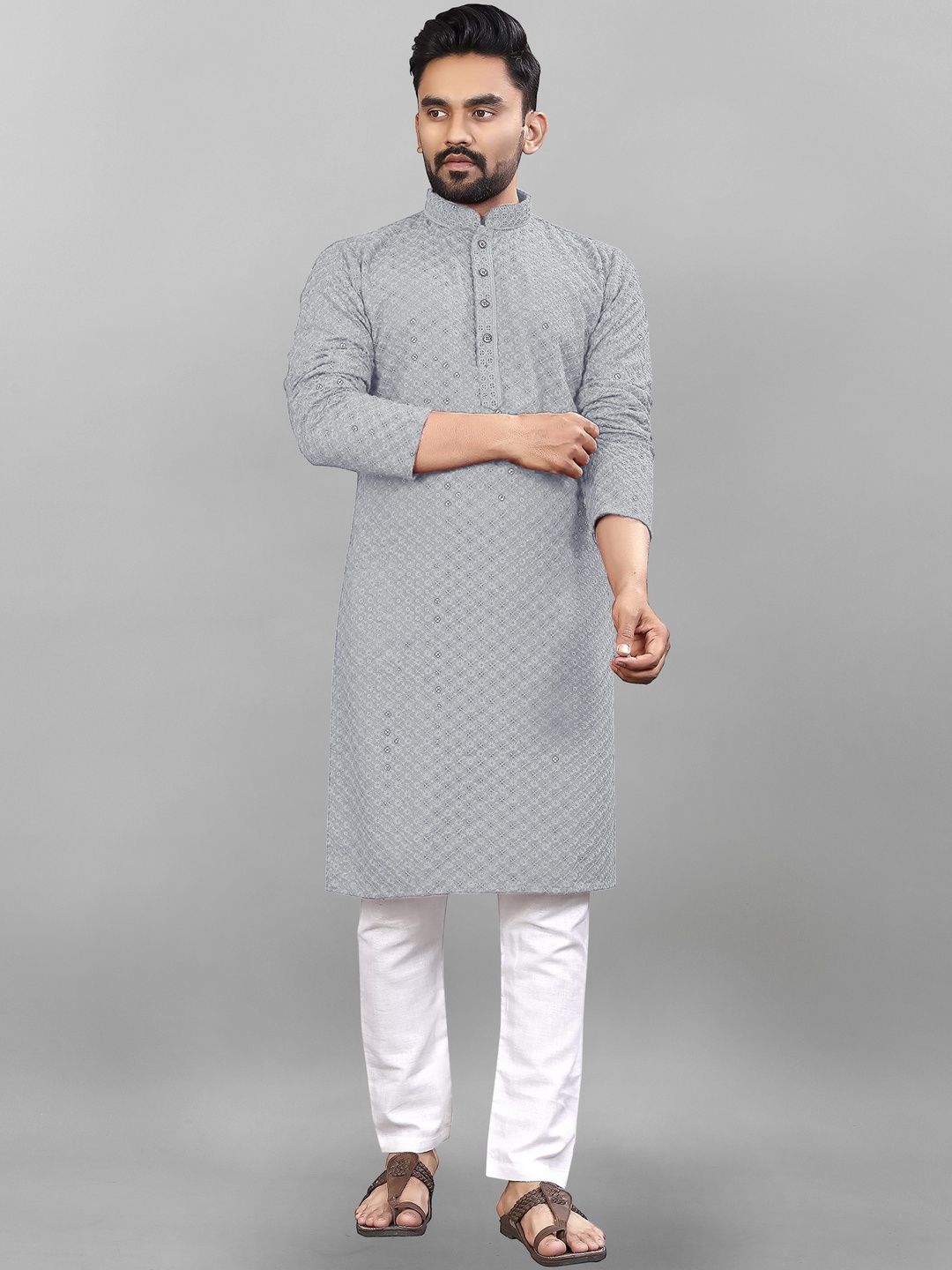 ALMORA Men Geometric Embellished Thread Work Handloom Kurta