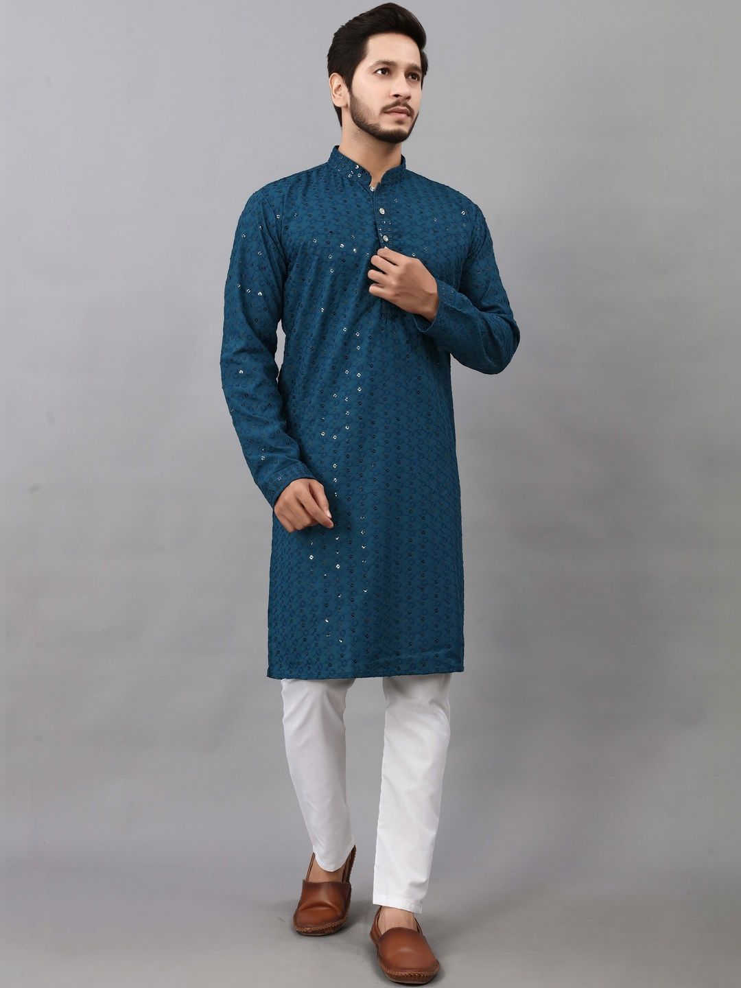 madhavwears Men Embroidered Thread Work Handloom Pathani Kurta