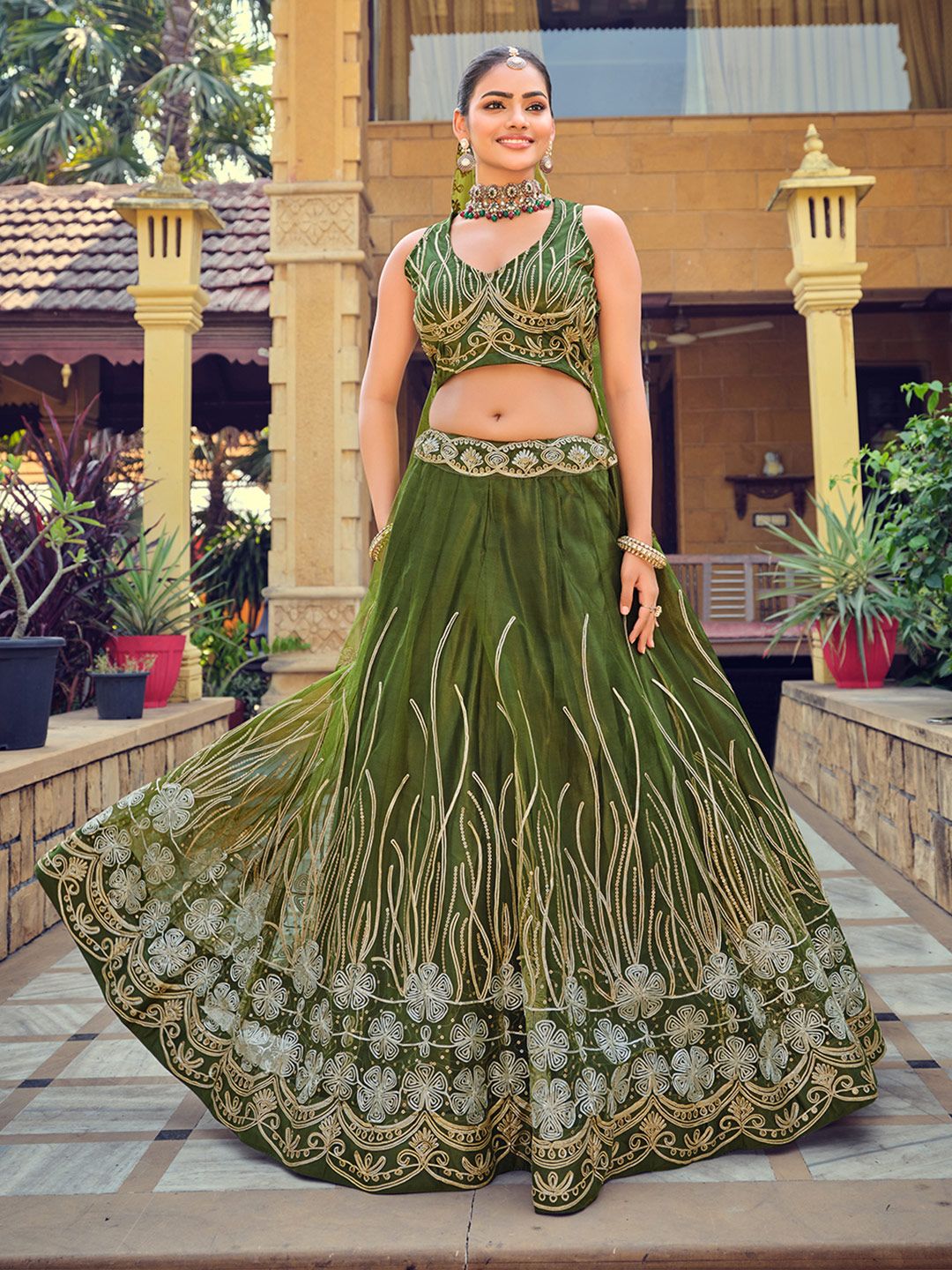 KALINI Embroidered Thread Work Semi-Stitched Lehenga & Unstitched Blouse With Dupatta