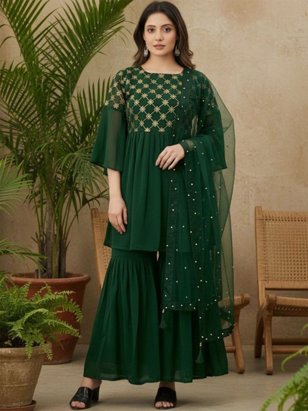 slim fit dress slacks Shae by SASSAFRAS Green & White Ethnic Motifs Ethnic A-Line Midi Dress –  Myntra International main image 1
