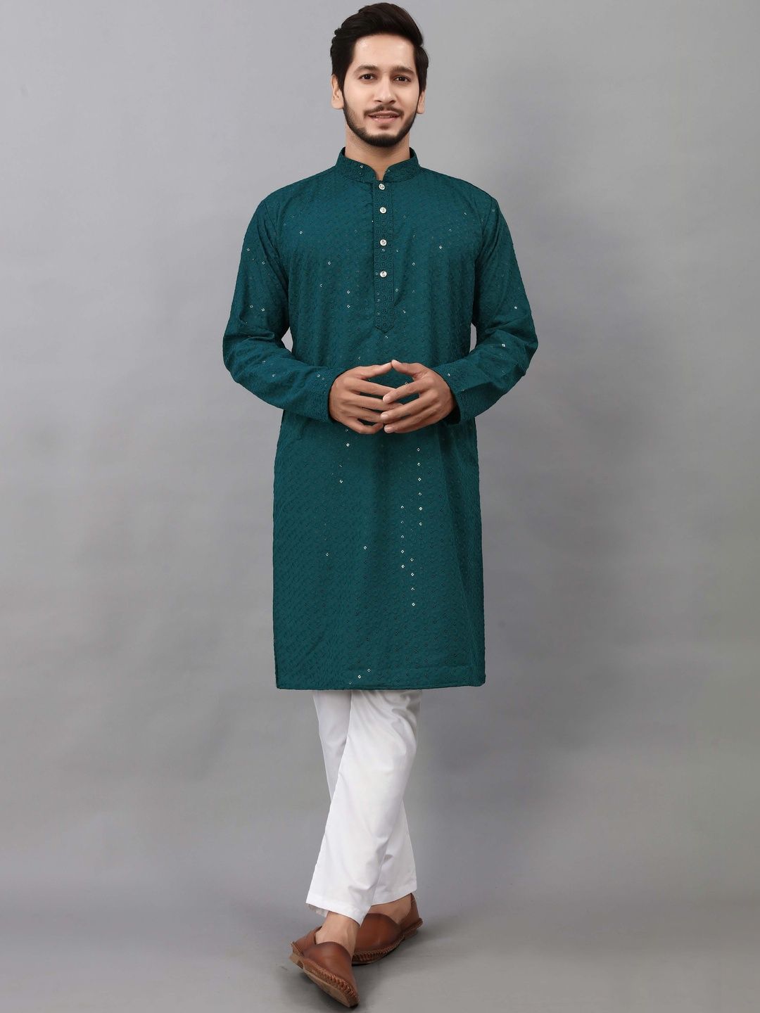 ALMORA Men Embroidered Flared Sleeves Handloom Kurta