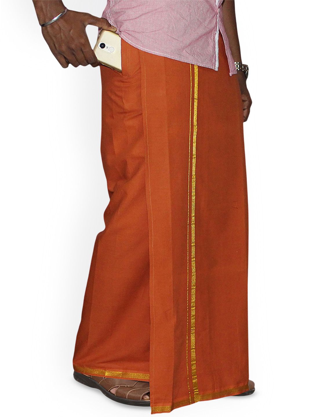PRAKASAM COTTON Men's Single D.Kavi Colour with Jari Border Welcro Pocket Dhoti
