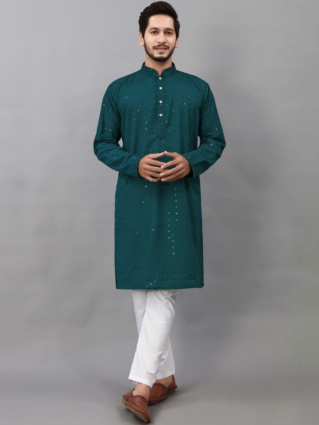 ALMORA Men Embroidered Flared Sleeves Handloom Kurta