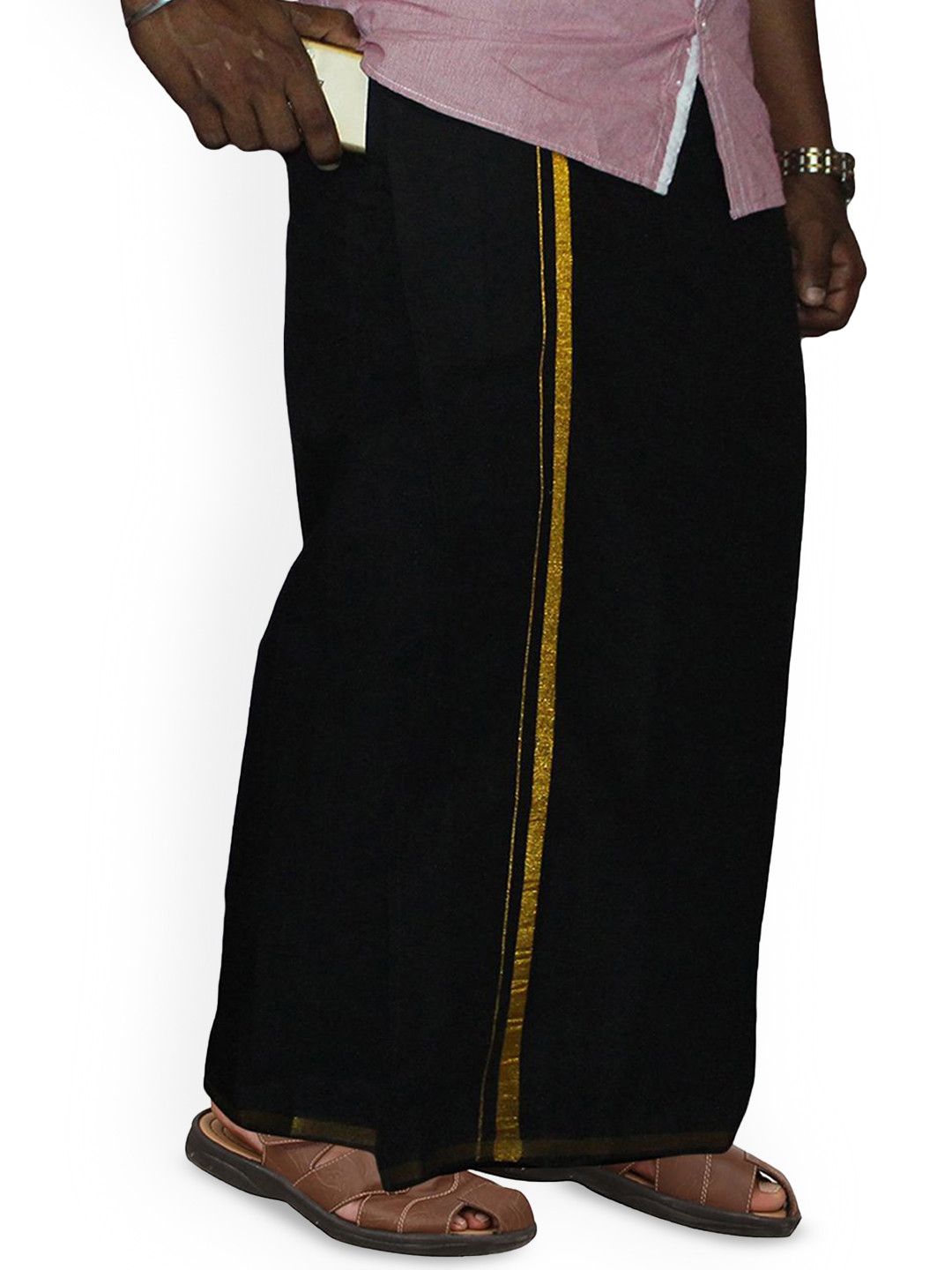 PRAKASAM COTTON Men's Single Black Colour with Jari Border Welcro Pocket Dhoti