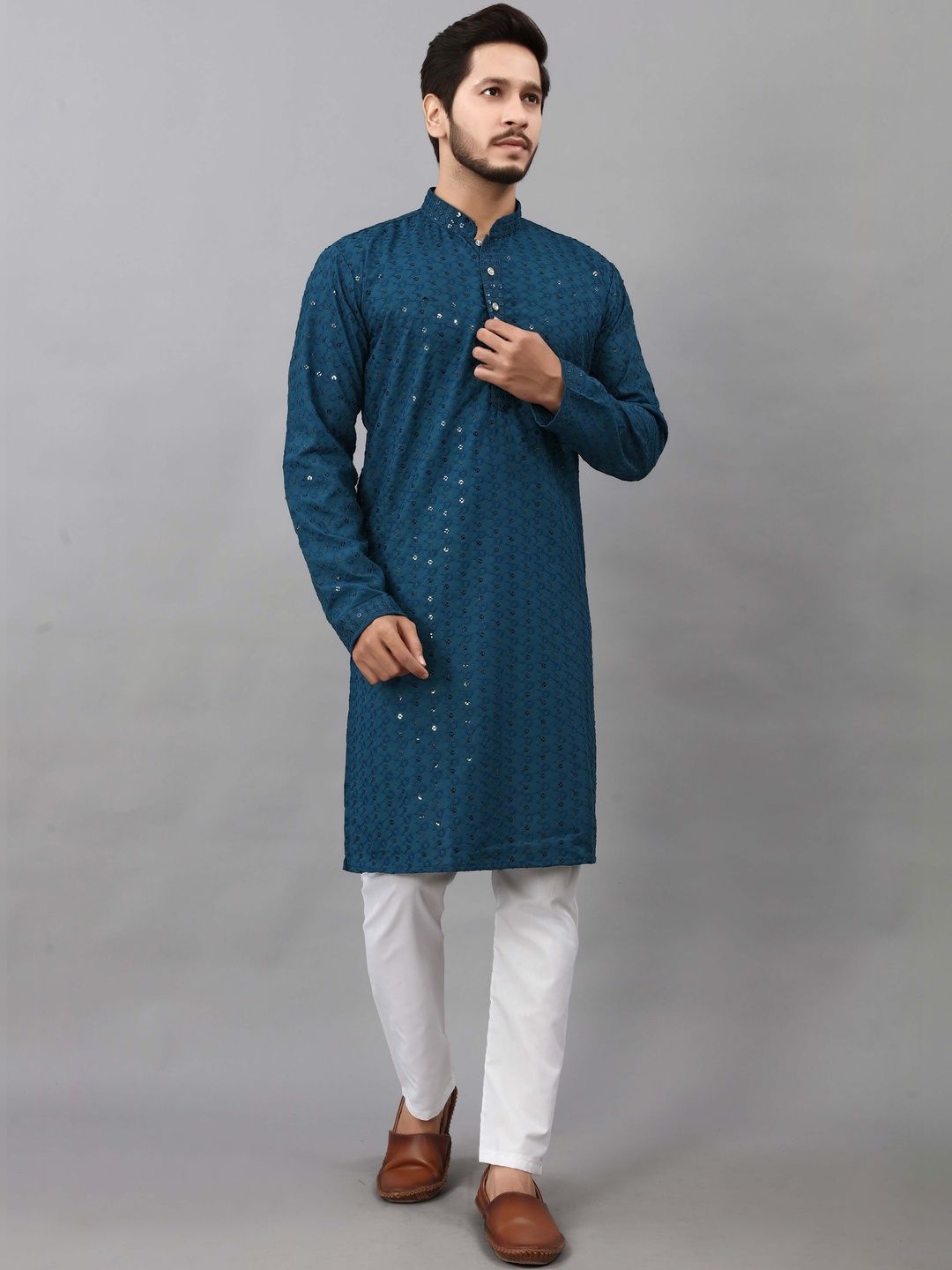 ALMORA Men Embroidered Thread Work Handloom Pathani Kurta