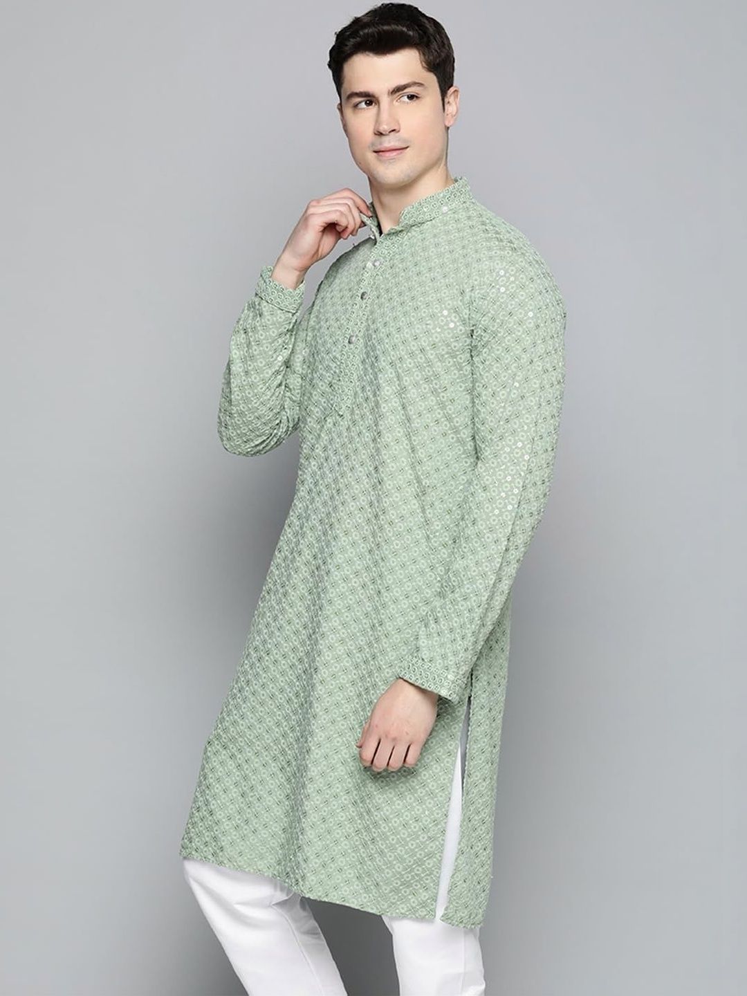 ALMORA Men Geometric Embroidered Thread Work Handloom Kurta