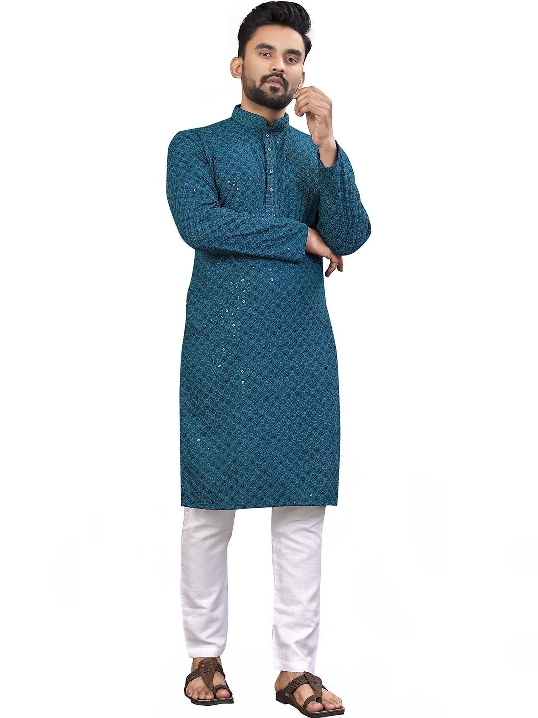 ALMORA Men Embellished Thread Work Handloom Kurta
