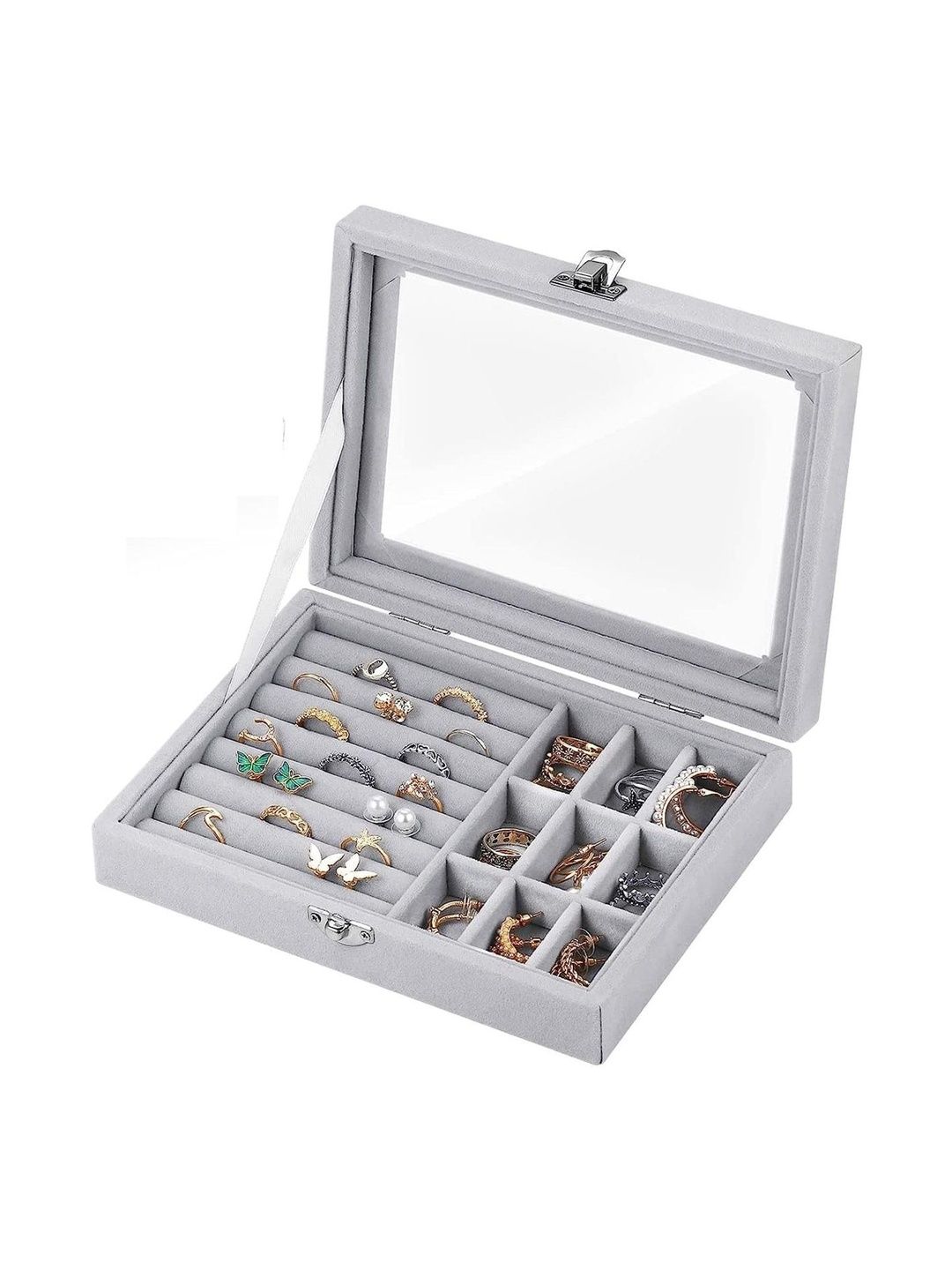 Firstseen Grey Jewelry Organizer Box with Glass Lid Ring Storage Display Case