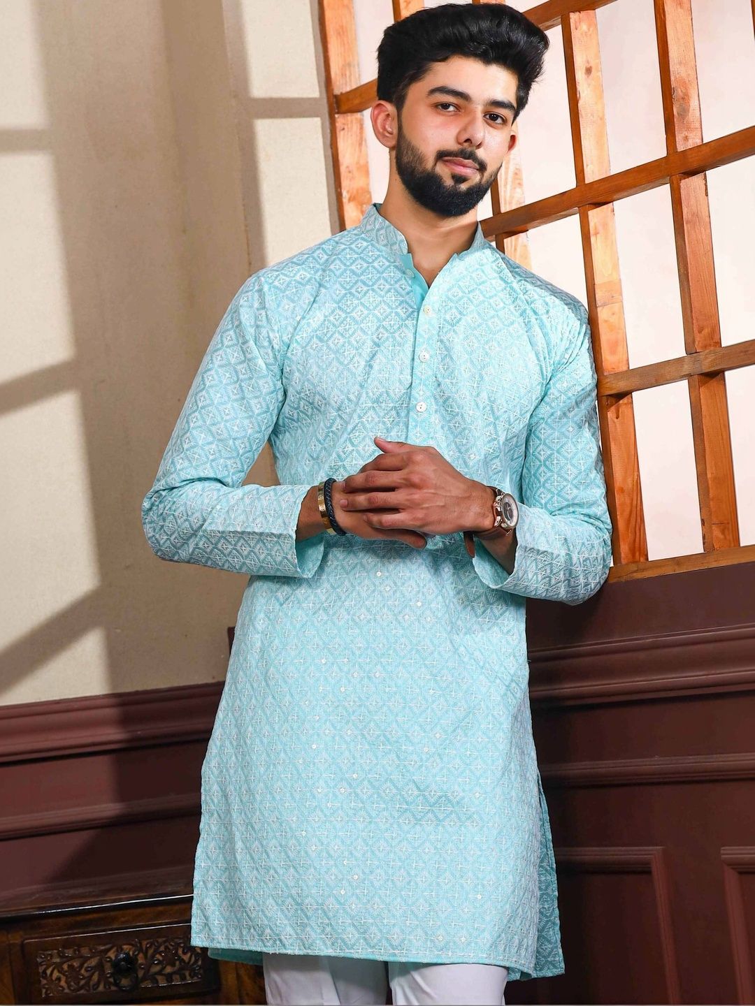 ALMORA Men Geometric Printed Thread Work Handloom Kurta