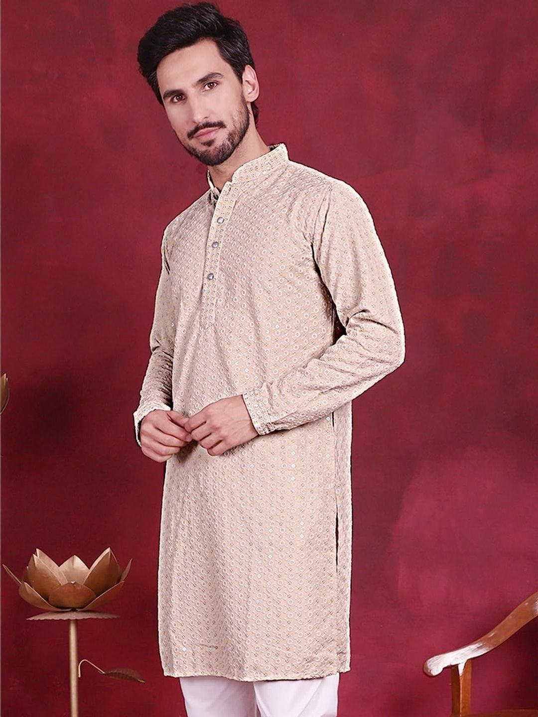 ALMORA Men Embroidered Flared Sleeves Thread Work Handloom Kurta