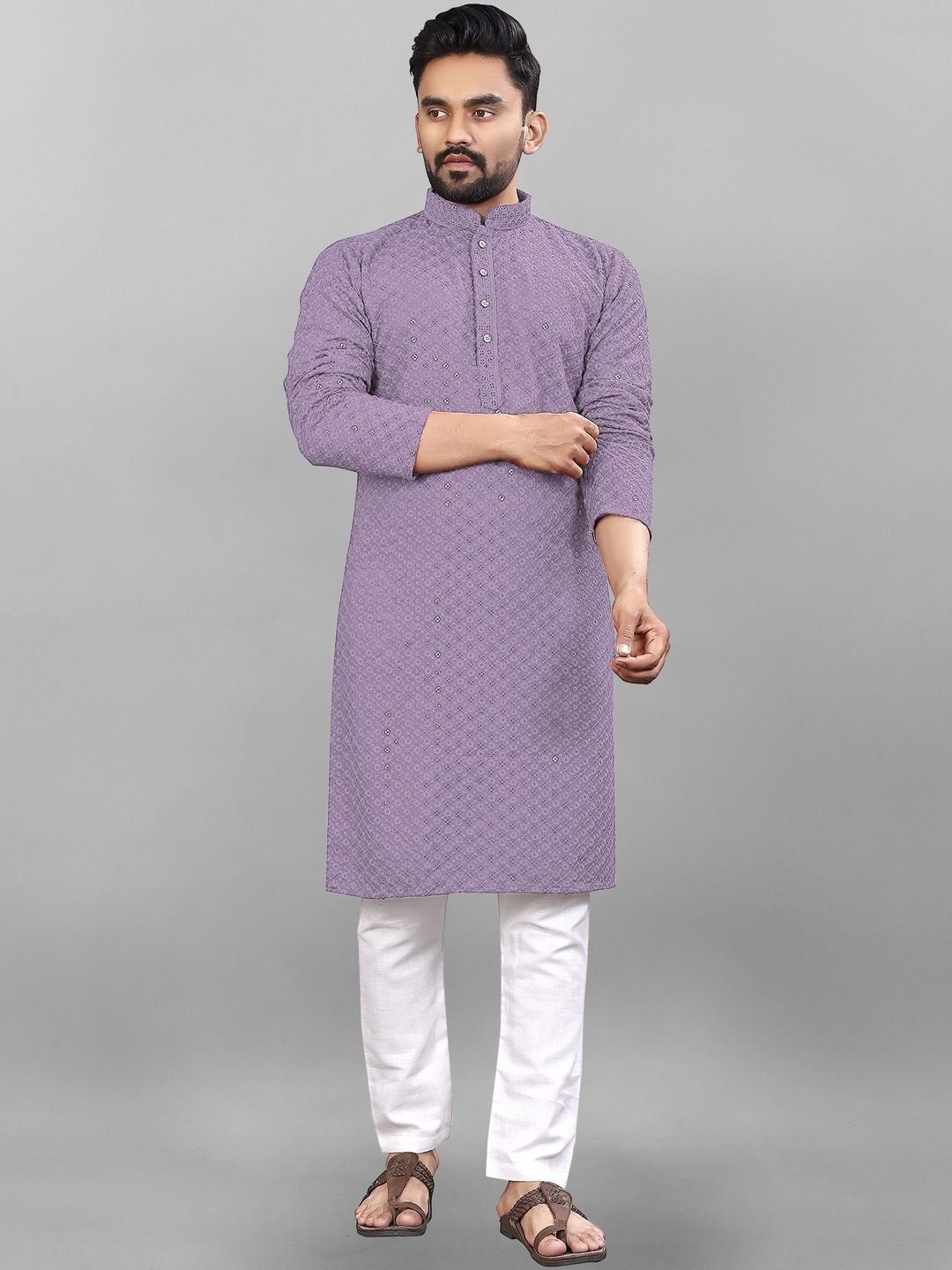 ALMORA Men Geometric Embellished Thread Work Handloom Kurta
