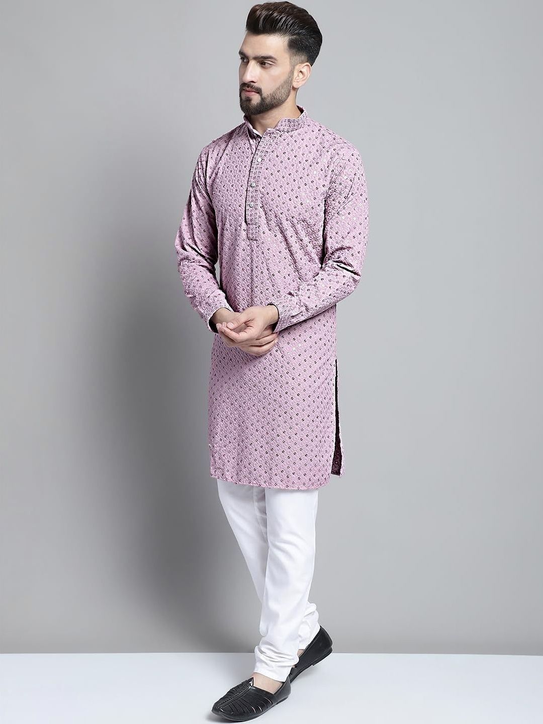 ALMORA Men Geometric Embroidered Mirror Work Handloom Pathani Kurta