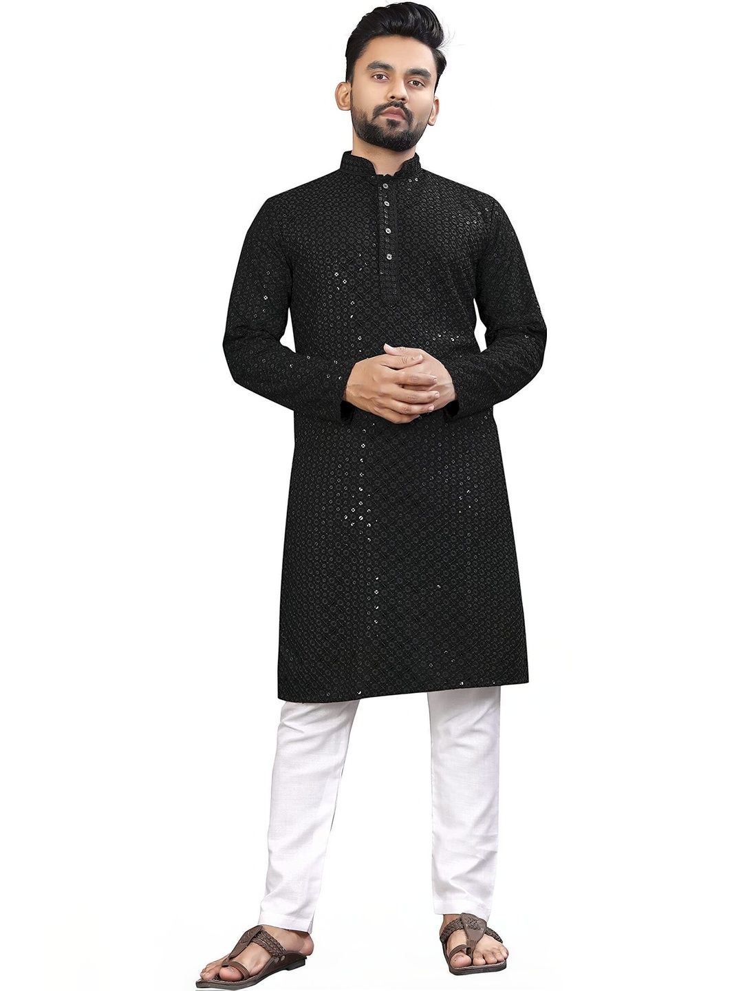 ALMORA Men Geometric Embroidered Thread Work Handloom Kurta