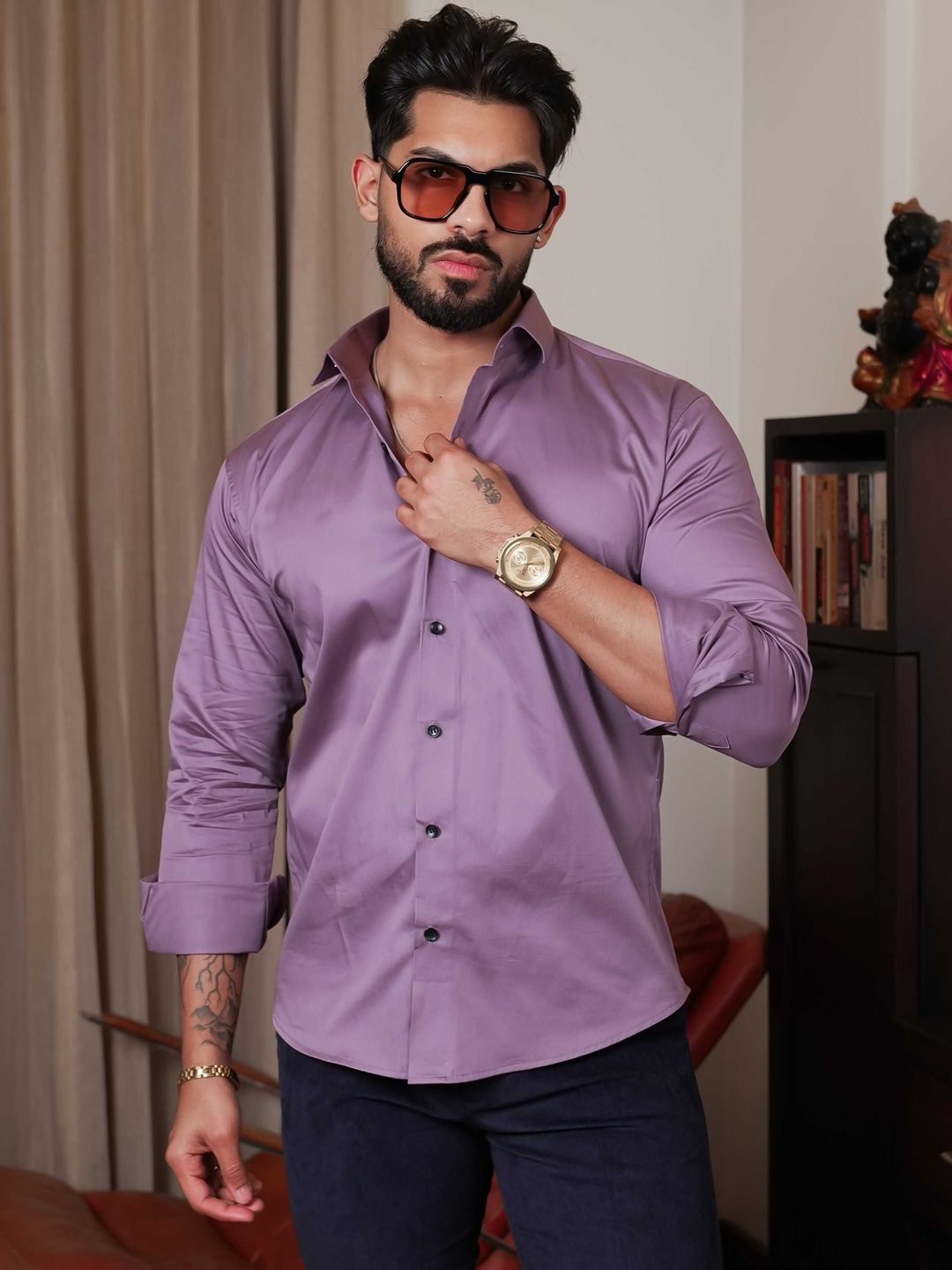 Foomer Men Satin Cotton Solid Spread Collar Classic Casual Shirt