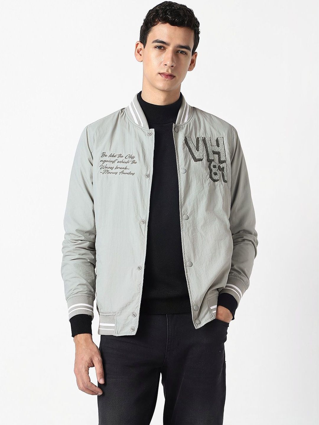 VAN HEUSEN DENIM LABS Men Typography Lightweight Varsity Jacket with Embroidered