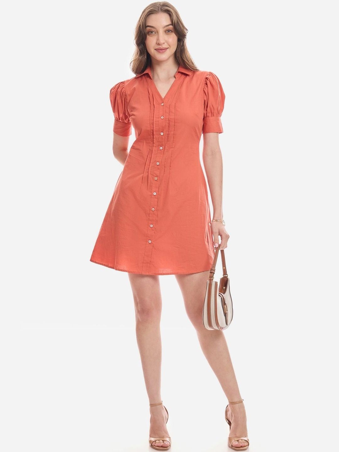 A-Line Mini Dress Virgio Women Solid Cotton Shirt Collar Short Sleeves Dresses