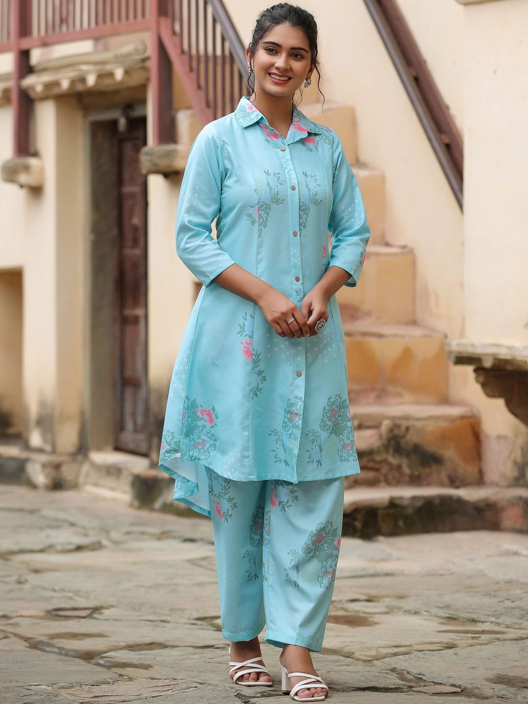 LERIYA FASHION Printed Shirt Collar Tunic & Trousers Co-Ords