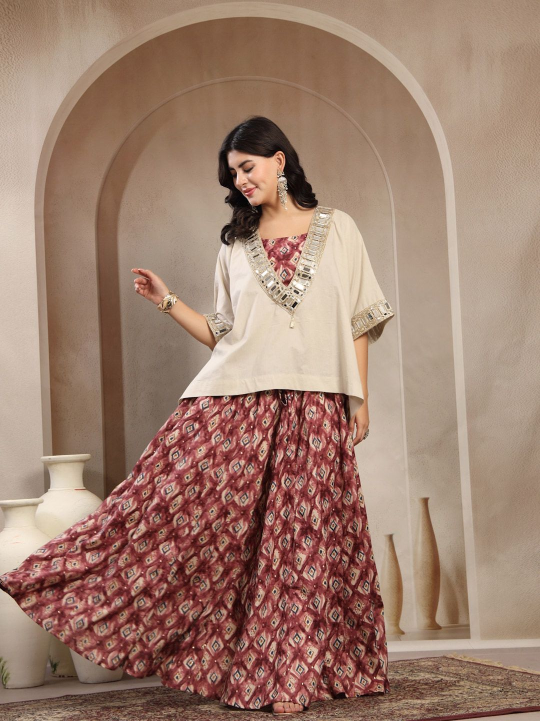 KALINI Embellished Round Neck Crop Top & Skirt With Kaftan Co-Ords