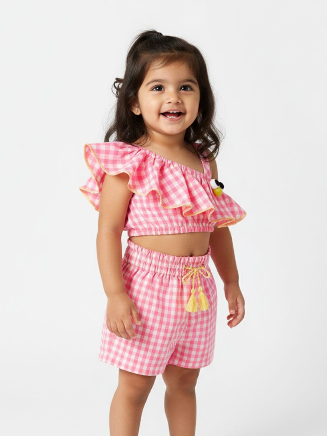 Nauti Nati Girls Checked One Shoulder Ruffled Pure Cotton Crop Top With Shorts deal from myntra