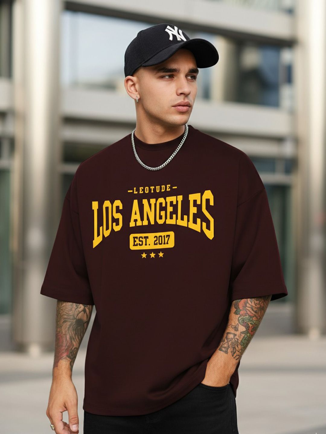 Leotude Typography Printed Round Neck Drop Shoulder Sleeves Oversized T-shirt