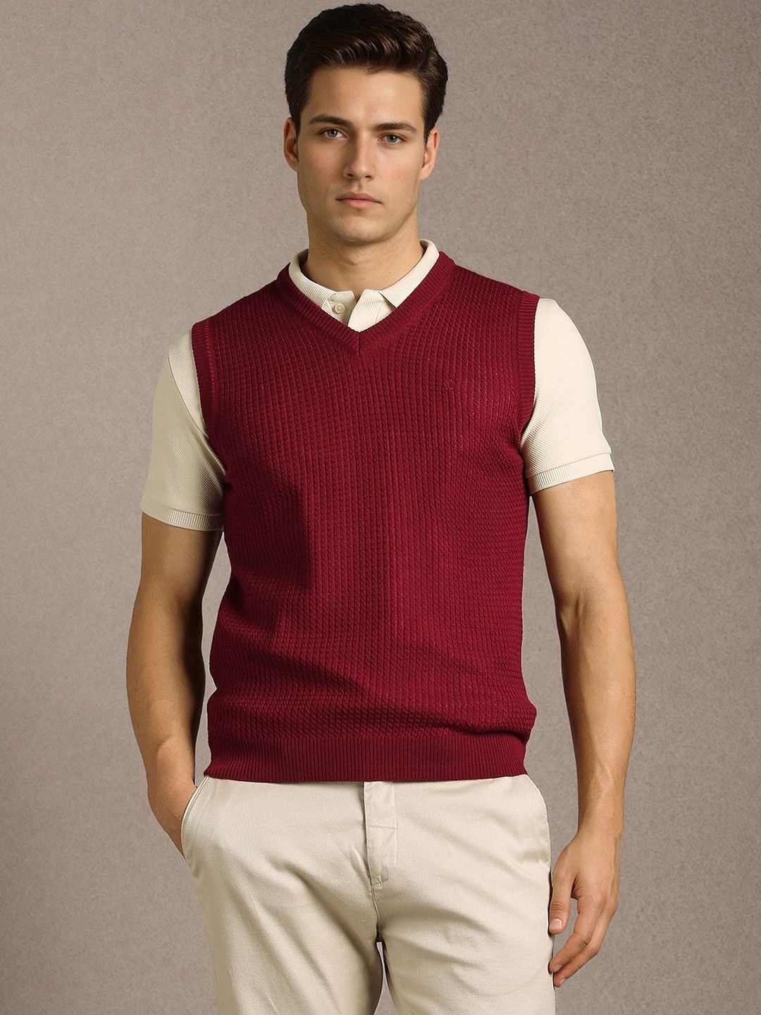 Louis Philippe Men Cable Knit Sweater Vest