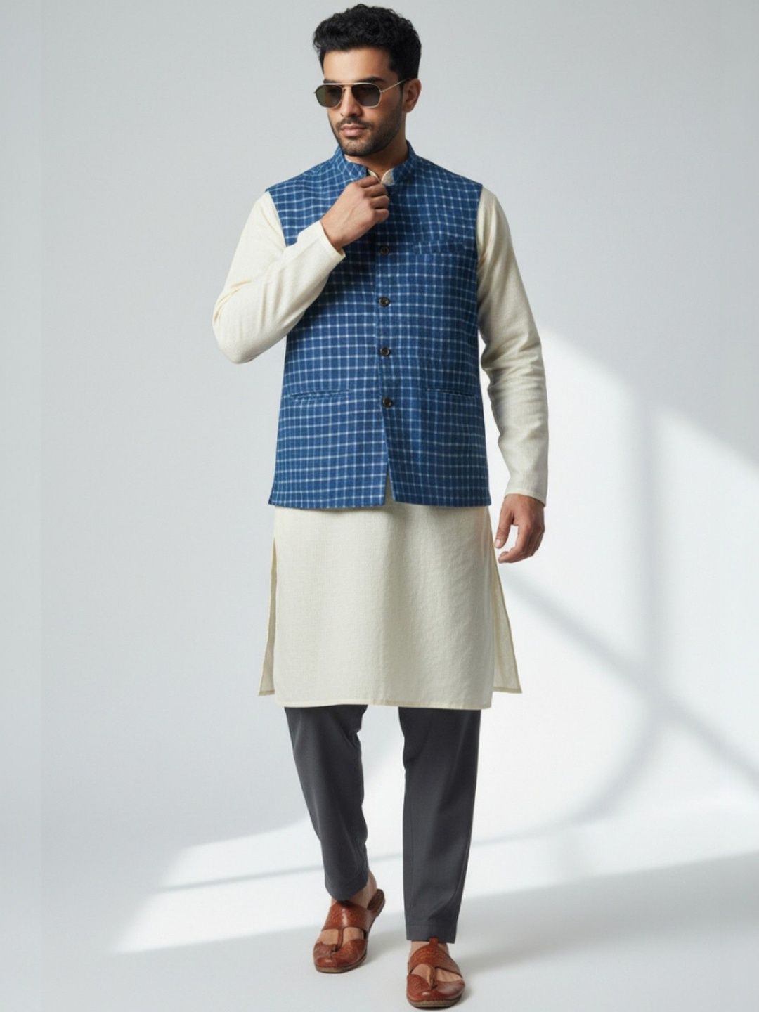 PRETANSHAH Checked Cotton Woven Nehru Jackets