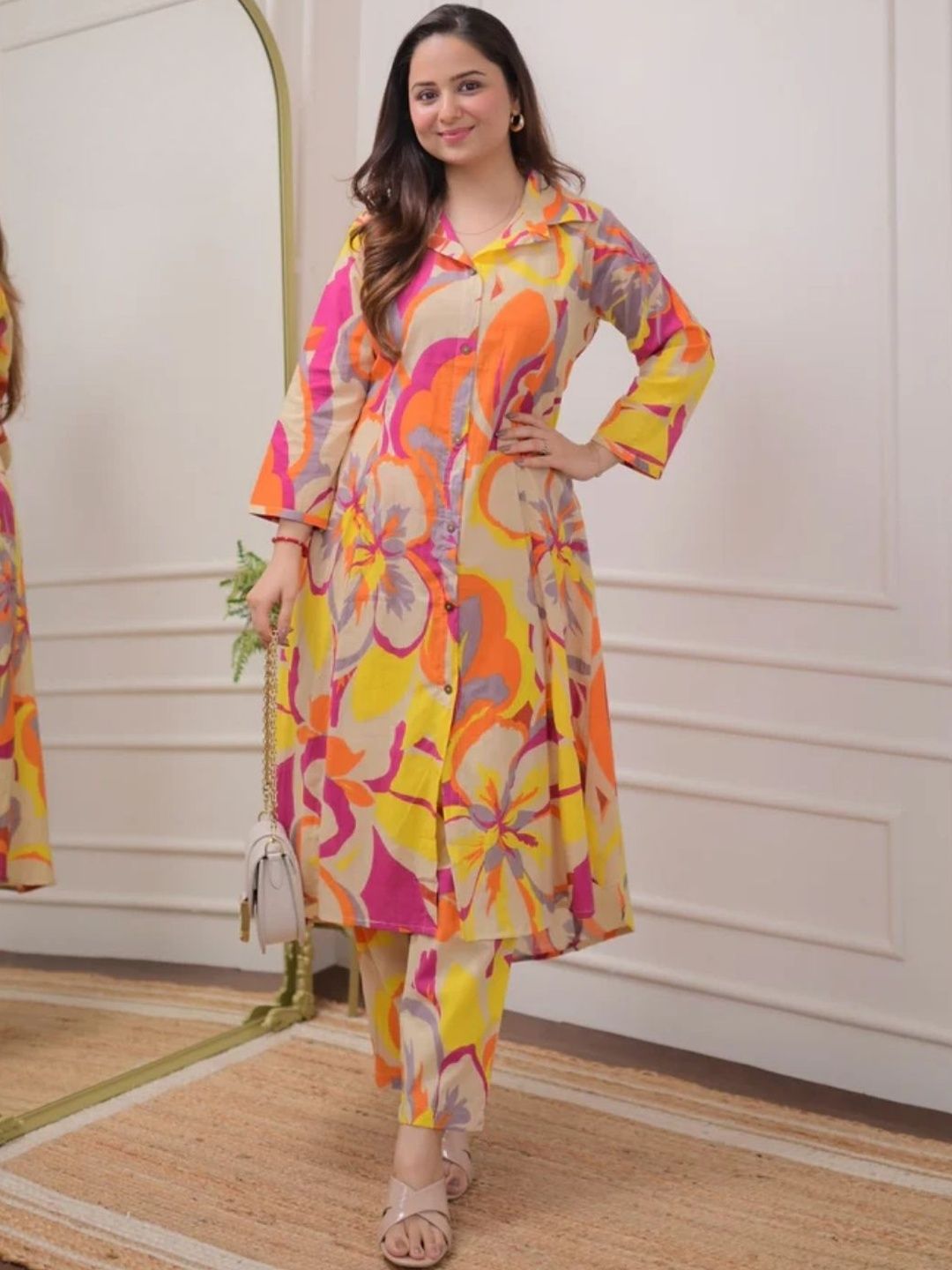 LERIYA FASHION Printed Shirt Collar Tunic & Trousers Co-Ords