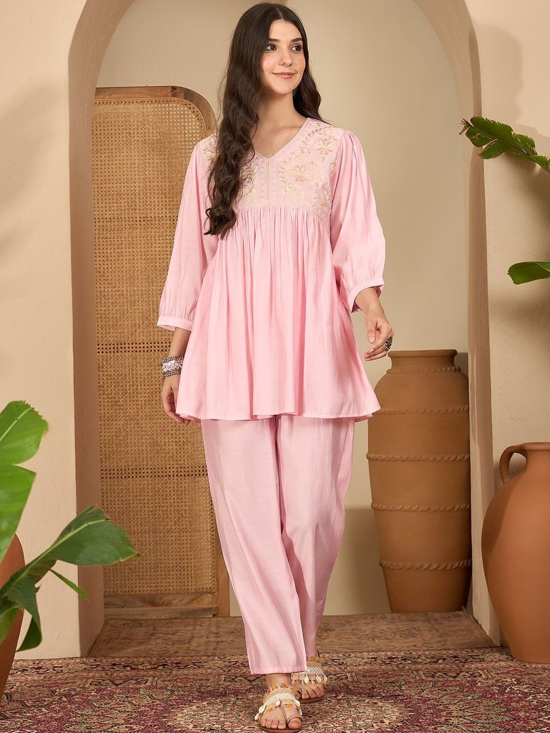 Sangria Embroidered V-Neck Tunic & Trousers Co-Ords