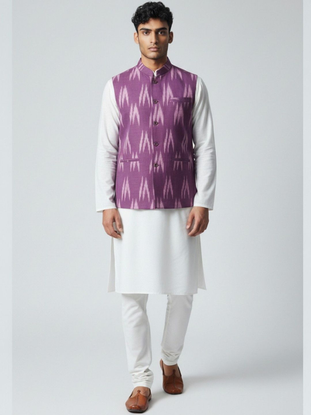 PRETANSHAH Ikat Printed Cotton Mandarin Collar Neck Woven Nehru Jackets