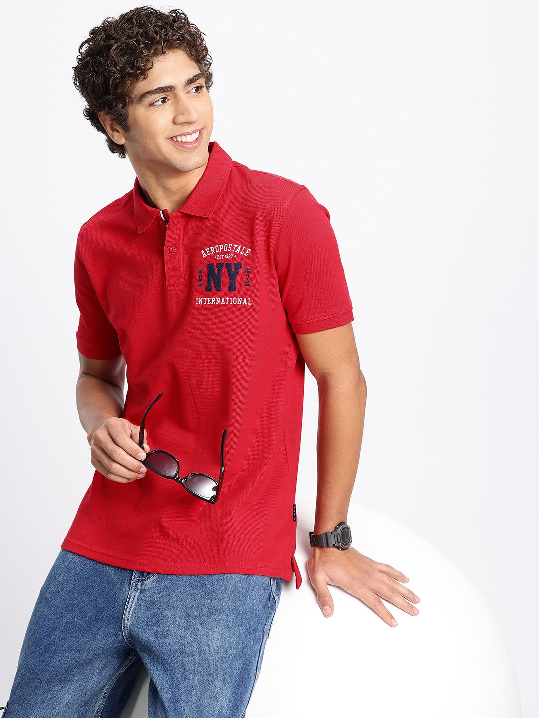 Aeropostale Typography Embroidered Pure Cotton Polo Collar T-shirt