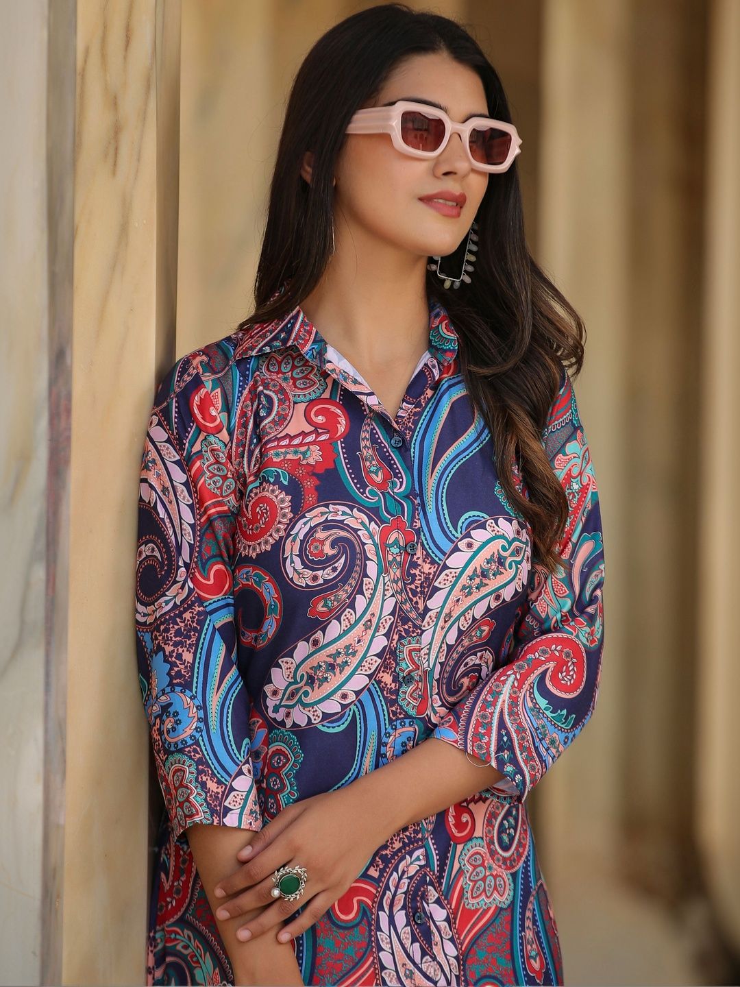 LERIYA FASHION Printed Shirt Collar Tunic & Trousers Co-Ords