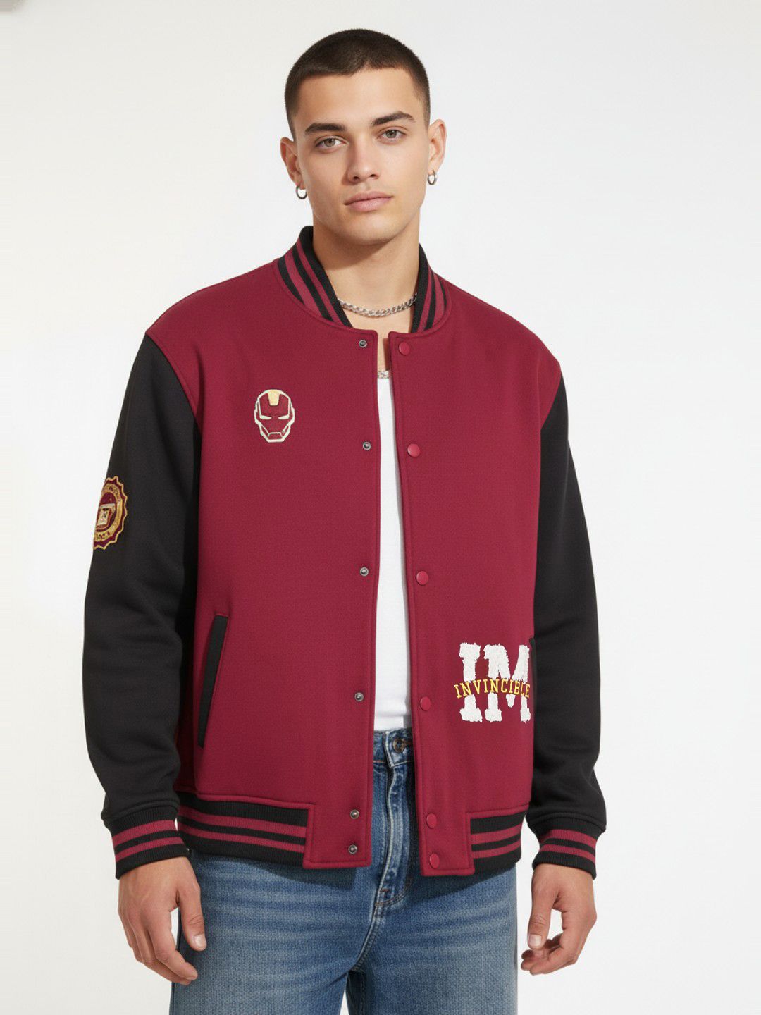 glitchez Typography Applique Stand Collar Varsity Jacket