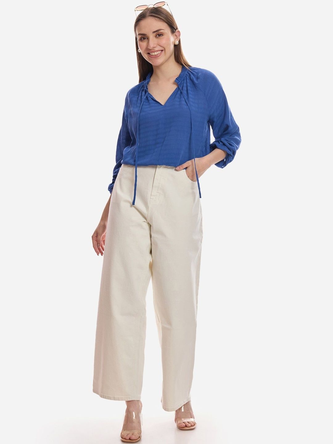 Puff Sleeve Top Virgio Women Solid Cotton Ruffle V-Neck Long Sleeves Tops