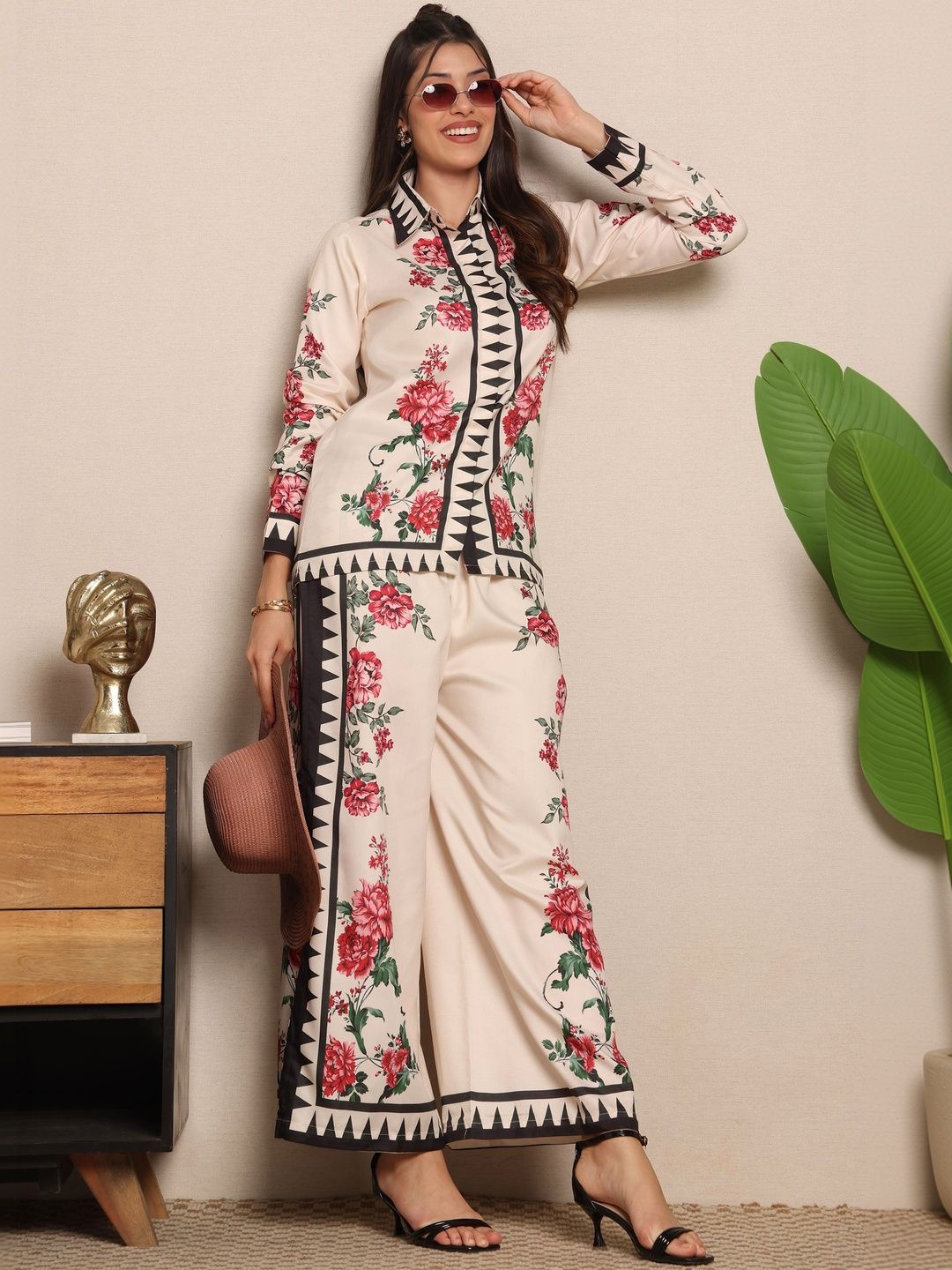 LERIYA FASHION Printed Shirt Collar Shirt & Trousers Co-Ords