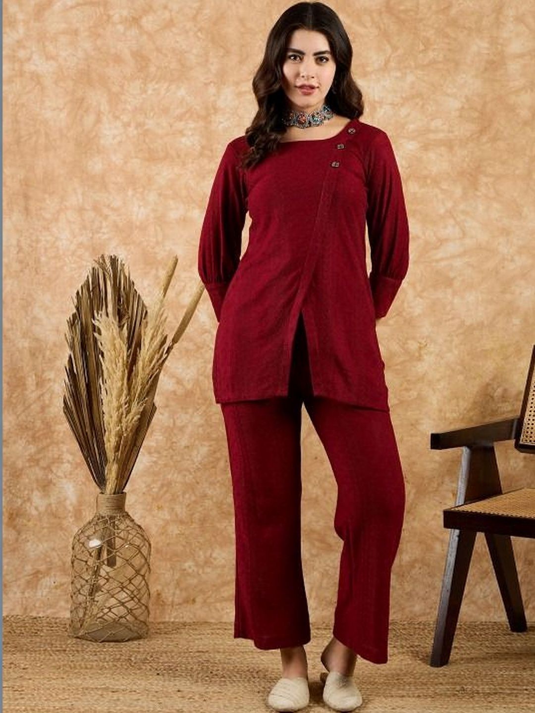 Sangria Winter Self Textured Woollen Angrakha Neck Desing Tunic & Palazzos Co-Ords