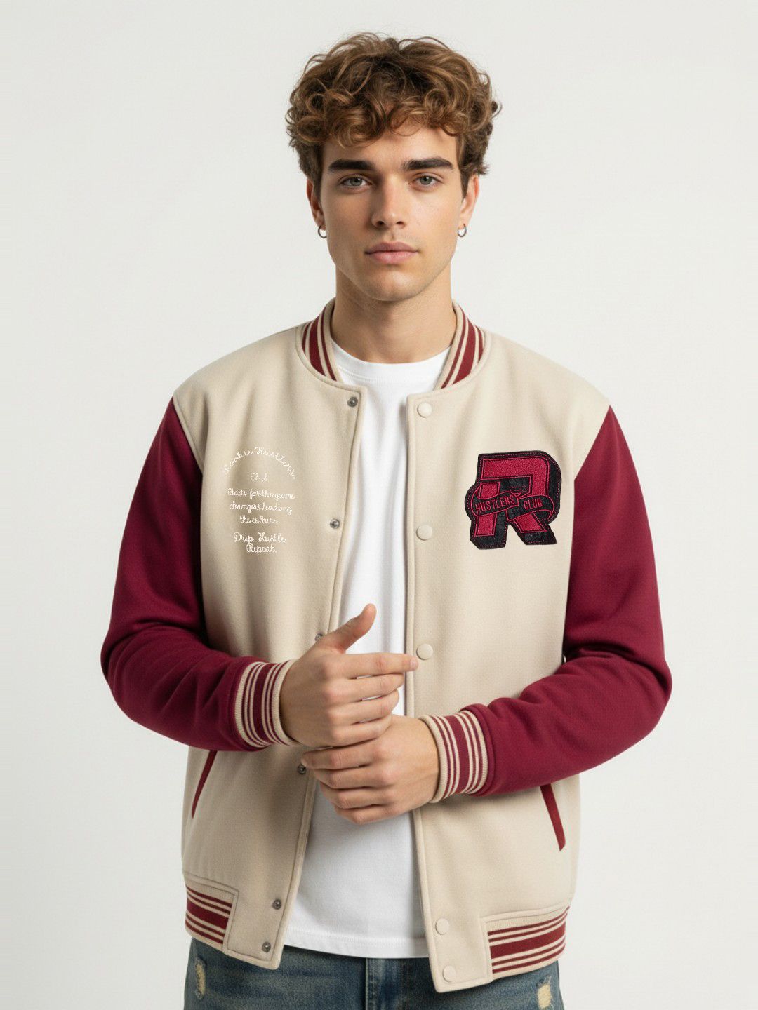 glitchez Typography Applique Stand Collar Varsity  Jacket