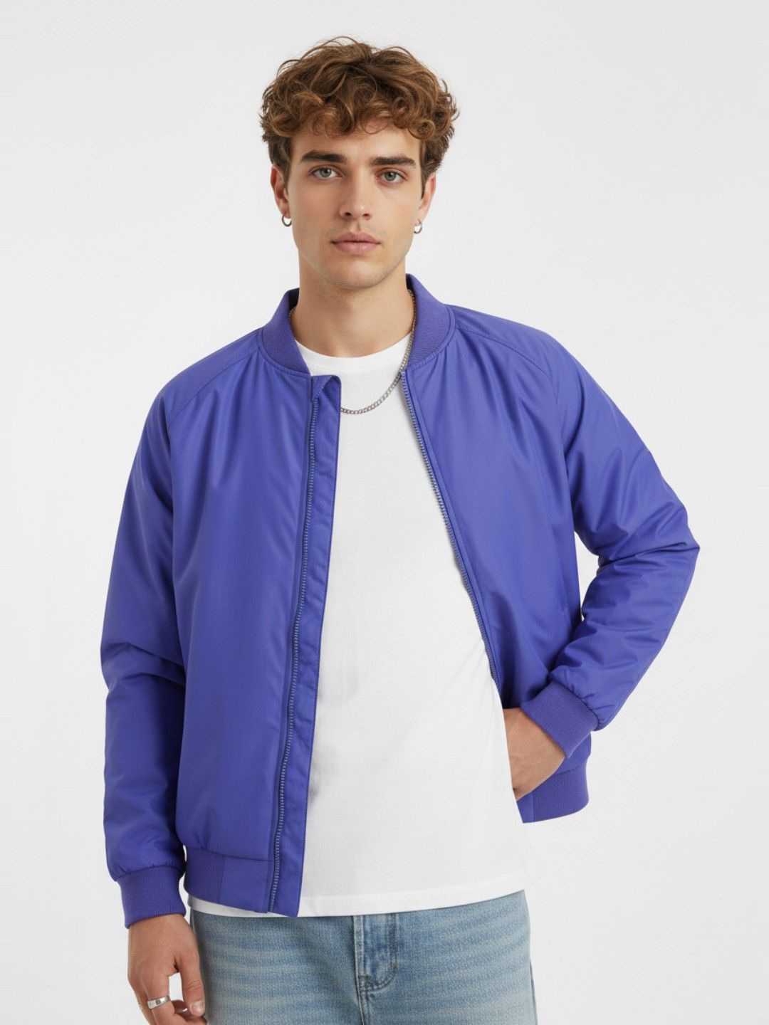 glitchez Stand Collar Relaxed Fit Bomber Jacket with Ruched Effect