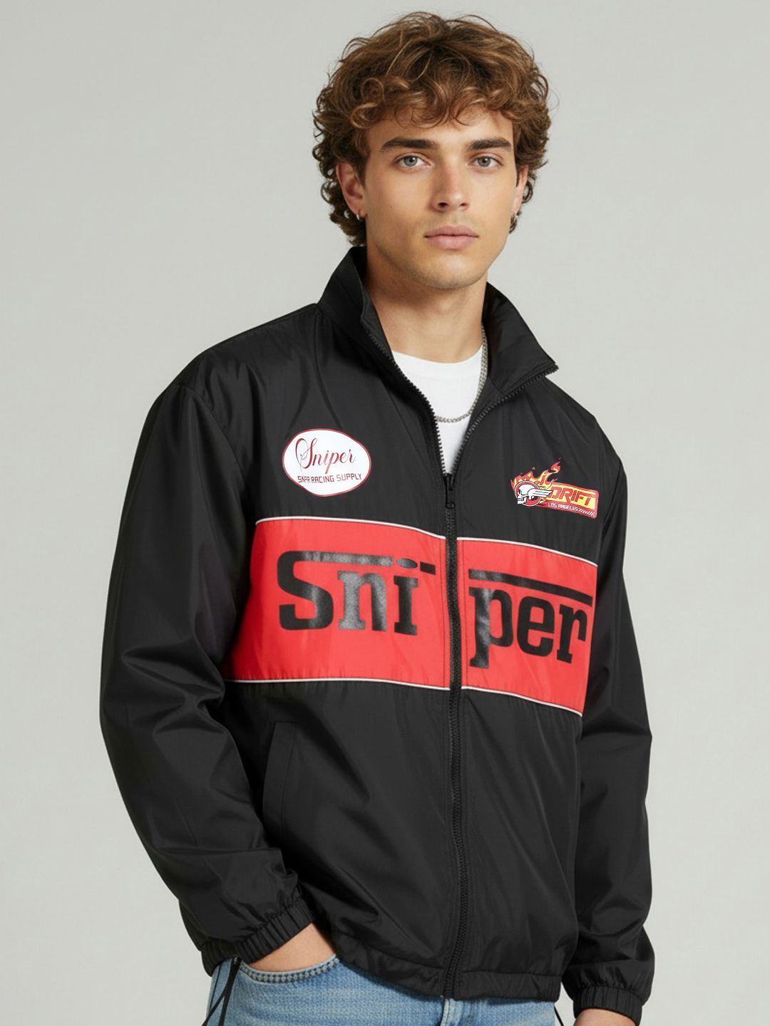 glitchez Typography Printed Mock Collar Windcheater Bomber Jacket