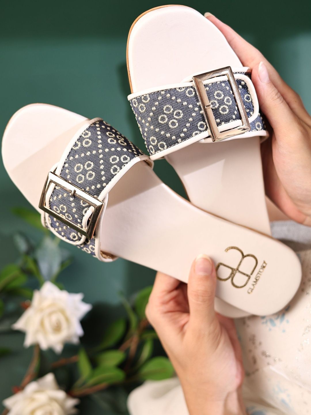 GLAM STORY Embroidered Open Toe Flats with Buckle
