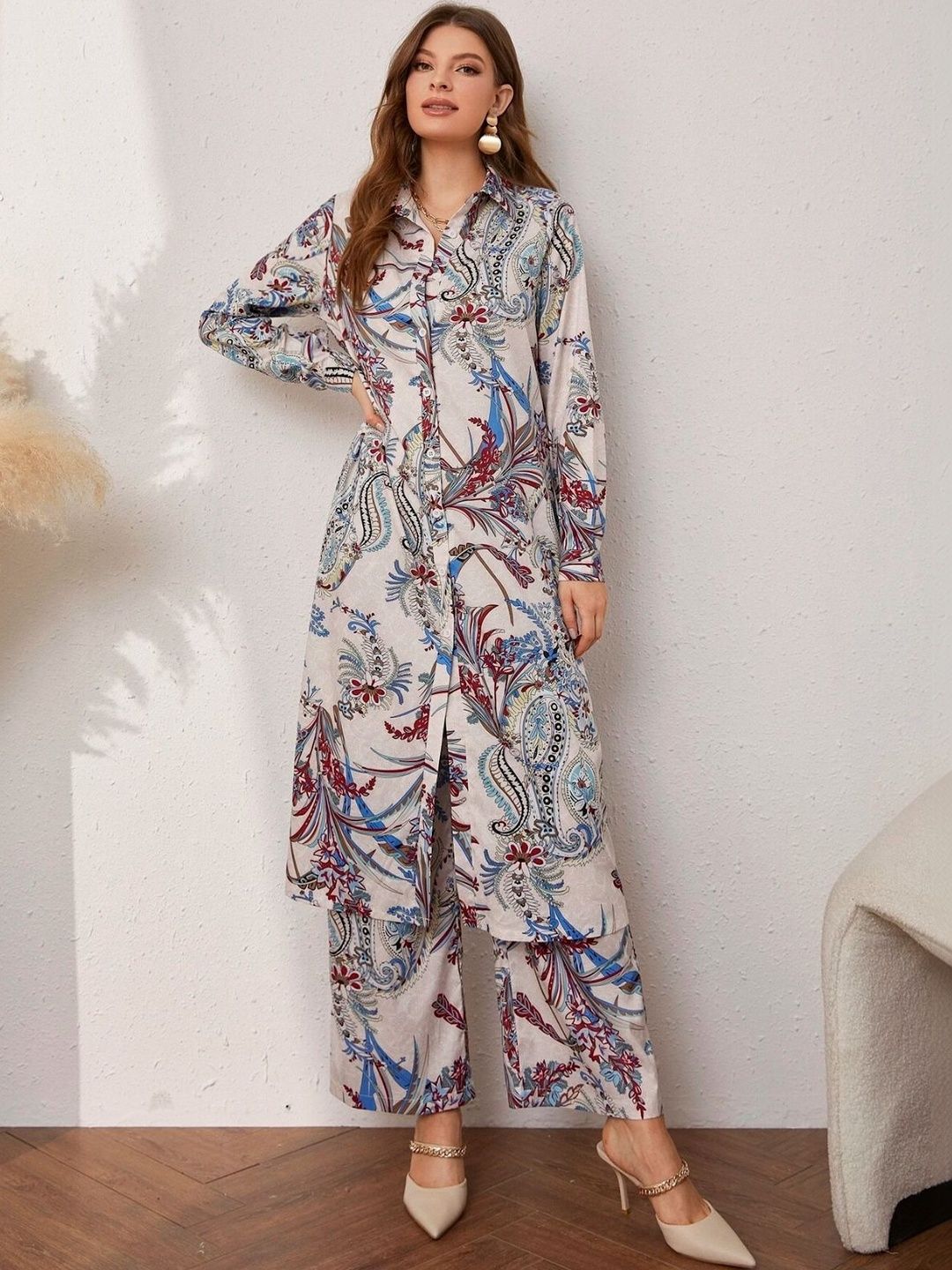 LERIYA FASHION Printed Shirt Collar Tunic & Trousers Co-Ords