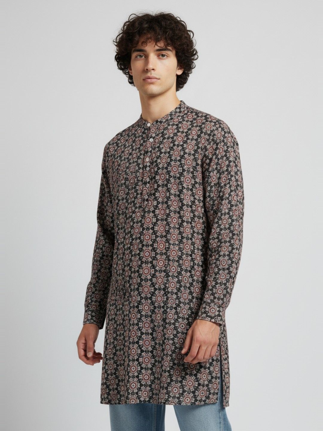 Anouk Rustic Floral Printed Band Collar Straight Kurta